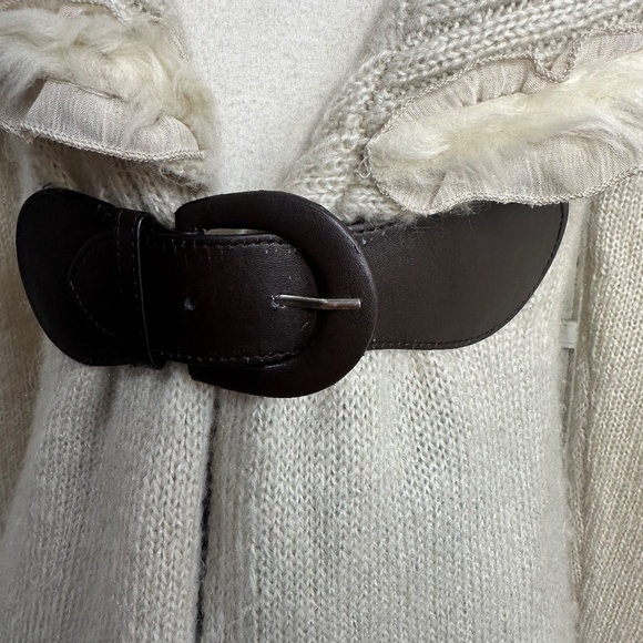 Cynthia Rowley Wool Blend Neutral Faux Fur Collar Belted Cardigan Sz Small - Picture 3 of 9
